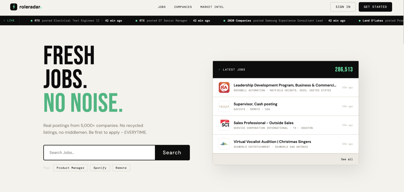 RoleRadar home page with the latest jobs feed